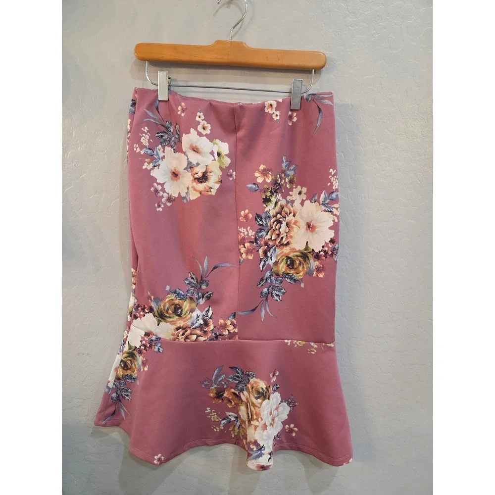 Haute Monde Mauve Floral‎ Trumpet Mermaid Midi Skirt Large HMS40072-U106